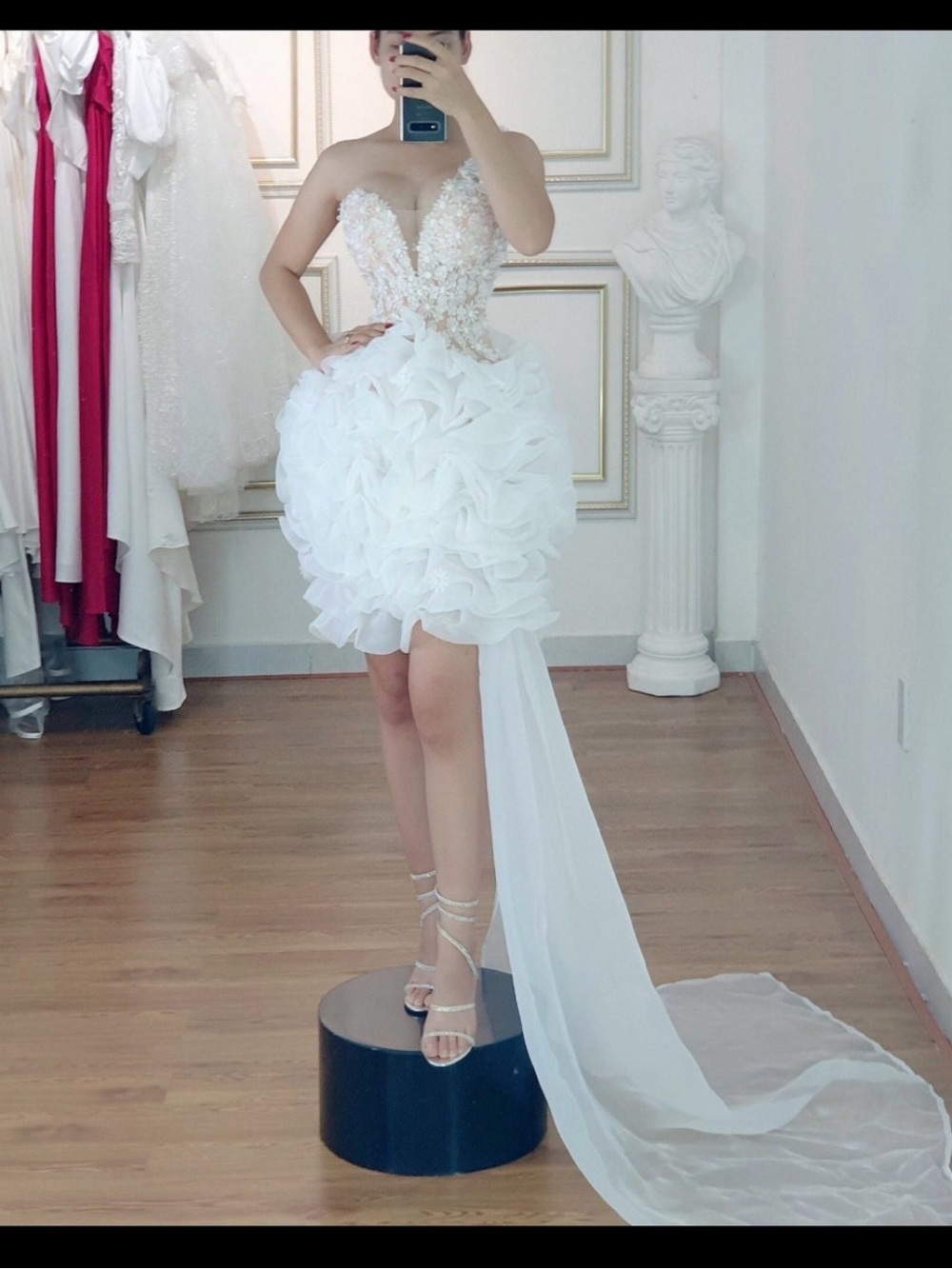 Girls White Ruffled Sequin Bodice Formal Dress with Train